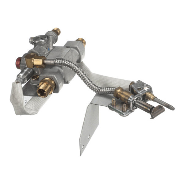 A metal valve assembly with brass fittings, a flexible metal hose, and a mounting bracket.
