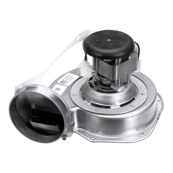 A metallic blower assembly with a circular housing, an electric motor mounted on top, and an air outlet duct.