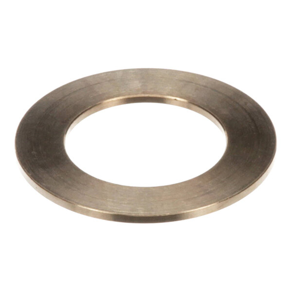 A metallic, flat, circular washer with a large central hole, viewed from an angle.