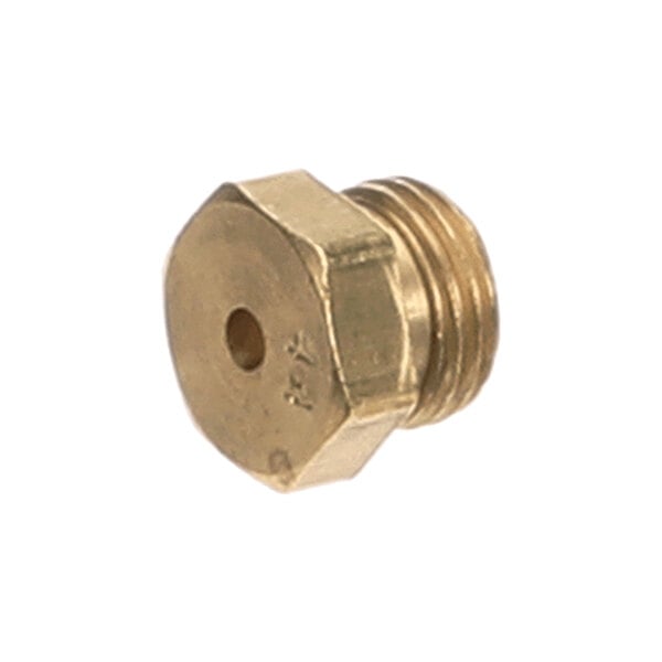 A small brass hexagonal fitting with a central hole and threaded end.