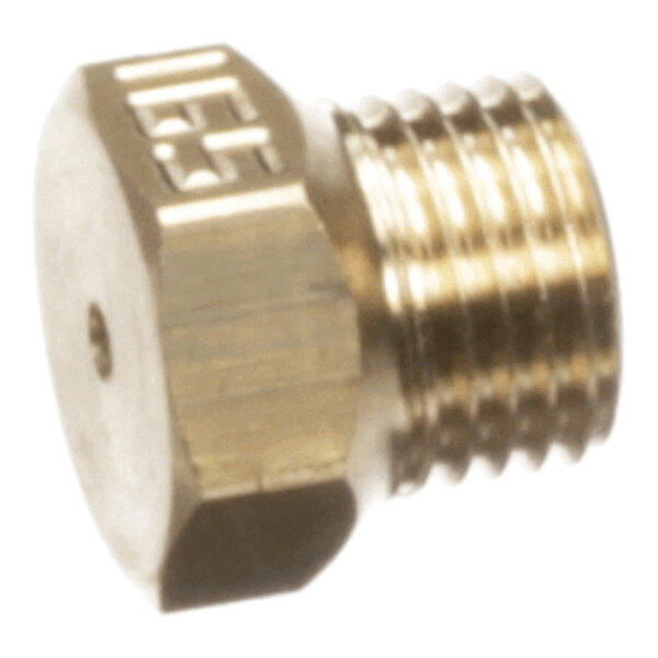 A close-up view of a small, metallic, hexagonal nozzle with threading and a small central hole.