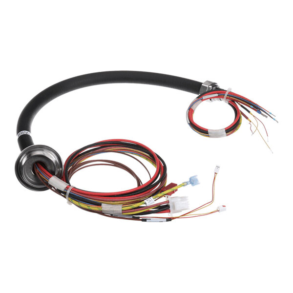 A bundle of multicolored electrical wires encased in a flexible black conduit with metal fittings and various connectors at the ends.