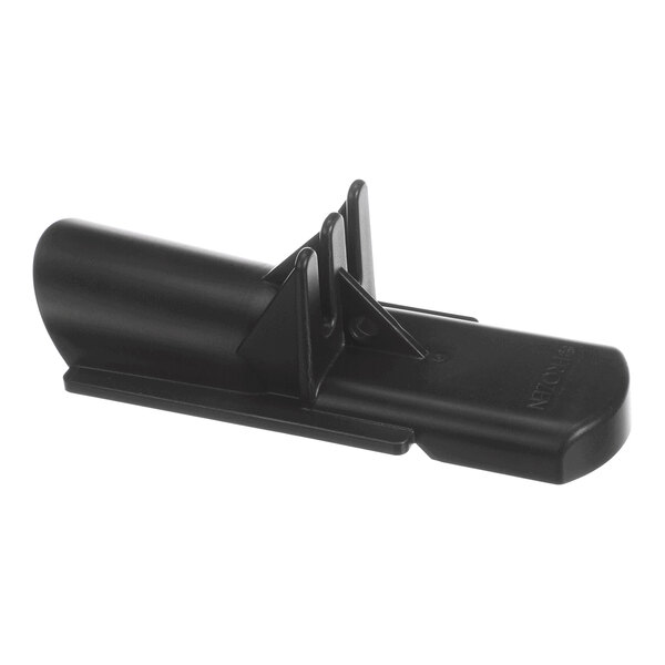 A black plastic component with a cylindrical and flat section, featuring two angled fins in the center.