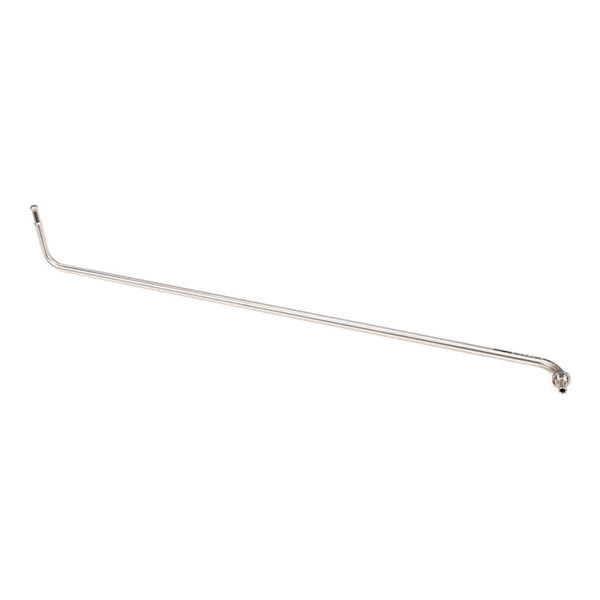 A long, thin, metallic pipe with bends at both ends, photographed on a white background.