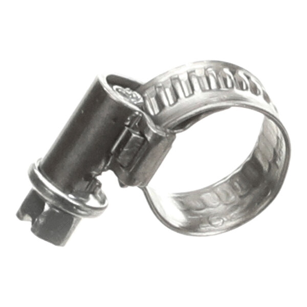 A metal hose clamp with a screw mechanism for tightening.