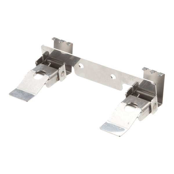 A metal hinge assembly with two spring-loaded levers and mounting holes.