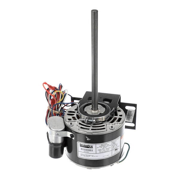 A cylindrical electric motor with a long central shaft, attached mounting bracket, and several colored wires extending from one side.