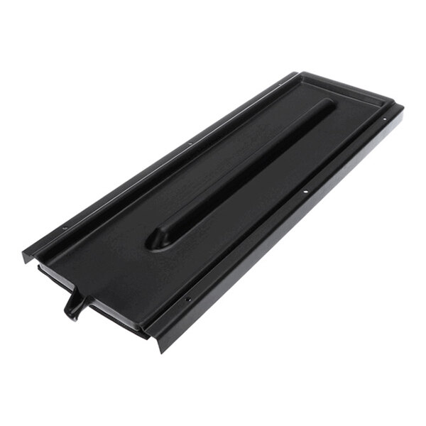 A rectangular black metal tray with raised edges and a central channel, featuring a small spout on one end.