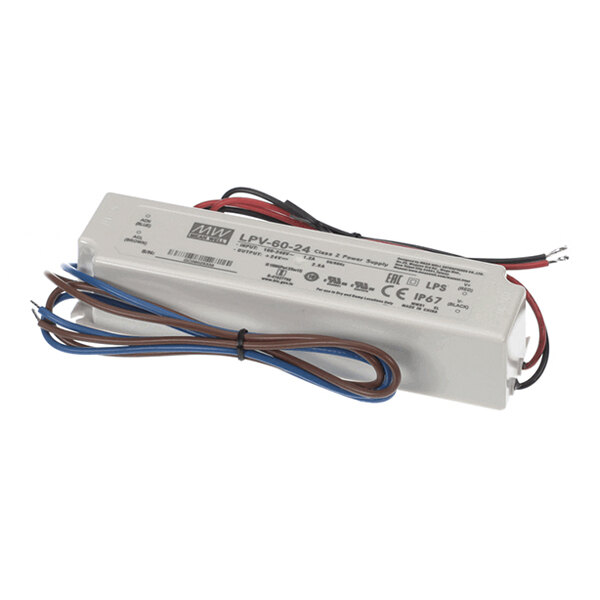 A rectangular electronic device with attached red, black, blue, and brown wires, featuring printed technical specifications and certification symbols on its surface.