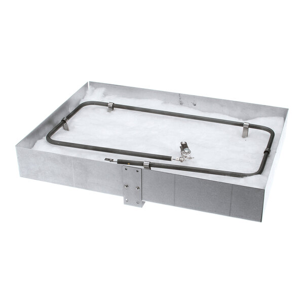 A rectangular metal pan with an embedded heating element and a central mounting bracket.