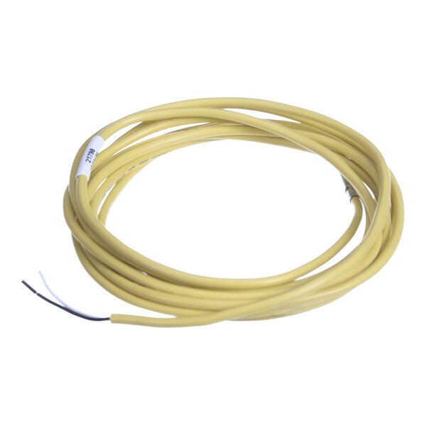 A coiled yellow insulated wire with exposed ends, likely used as a sensor or electrical component.