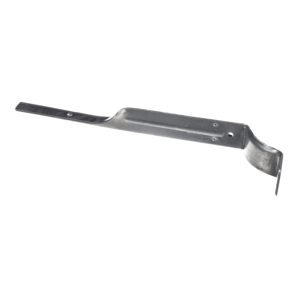 A metal bracket with a bent end and several holes, likely used for mounting or support purposes.
