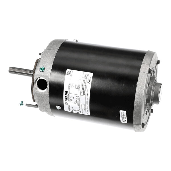 A cylindrical electric motor with a black body, metallic ends, a protruding shaft, and a label with technical specifications.
