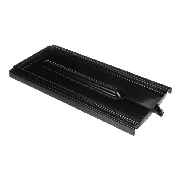 A rectangular, black, metal tray with raised edges and a central ridge, featuring a small spout on one end.