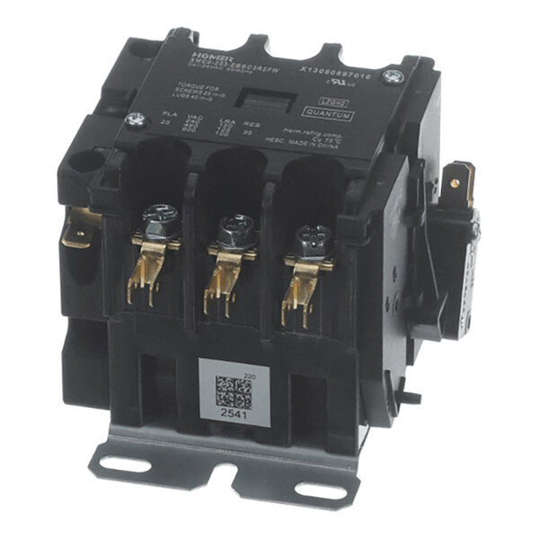 A black electrical contactor with three visible terminals and a mounting base.