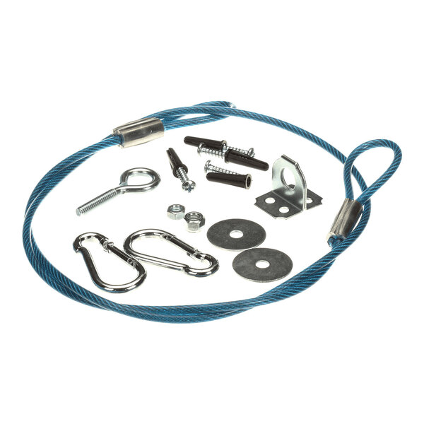 A blue-coated steel cable with metal loops at both ends, accompanied by various metal hardware components including carabiners, washers, bolts, nuts, and mounting brackets.