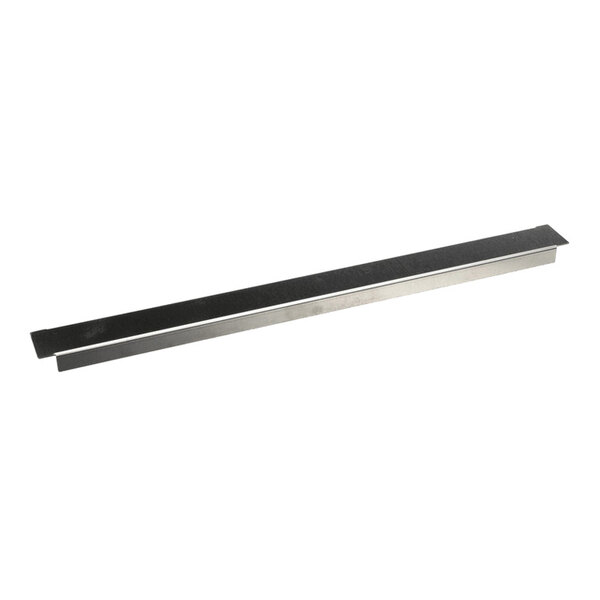 A long, narrow metal bracket with a flat, angled design, featuring both black and metallic finishes.