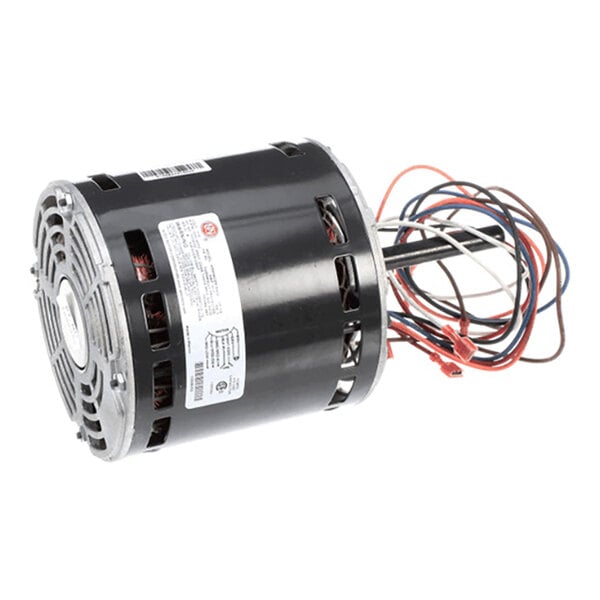 A cylindrical electric motor with a black housing, visible ventilation slots, a metal end cap, and several colored wires extending from one end.