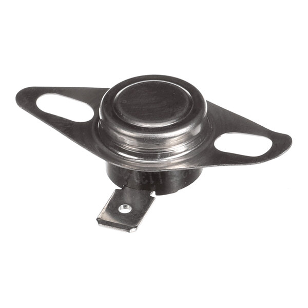 A metallic component with a round top, two mounting holes on either side, and a single flat electrical terminal extending from the bottom.
