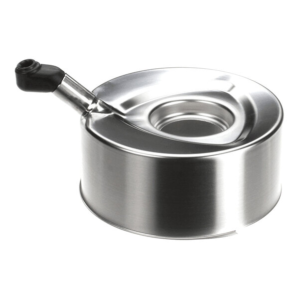 A round, metallic container with a spout and a black cap, featuring a recessed circular area on the top.