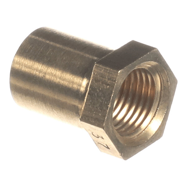 A metallic hexagonal fitting with internal threading, likely made of brass.