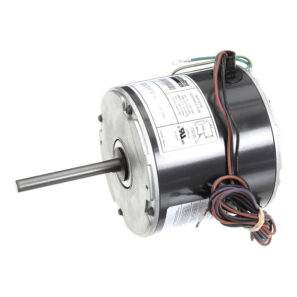A cylindrical electric motor with a protruding shaft, attached wires, and a label with technical specifications.