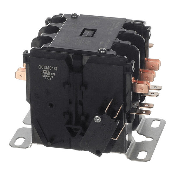 A black electrical contactor with multiple copper terminals and a metal mounting bracket.