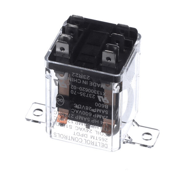 A clear plastic-cased electrical relay with metal mounting brackets and multiple terminal connectors on top.