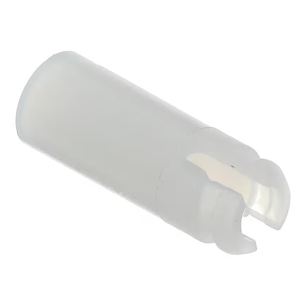 A translucent cylindrical plastic spacer with a slotted end.