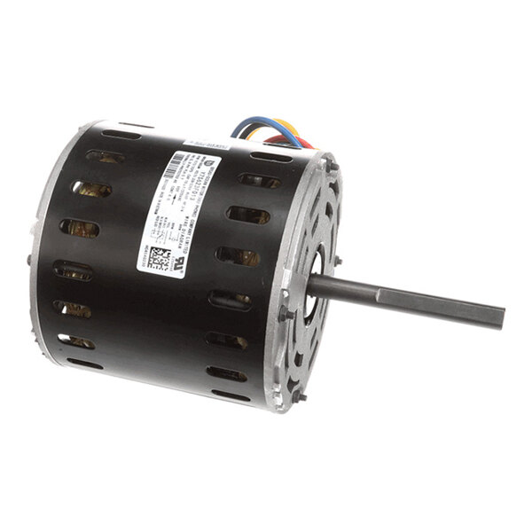 A cylindrical electric motor with a black housing, ventilation slots, a protruding shaft, and several colored wires.