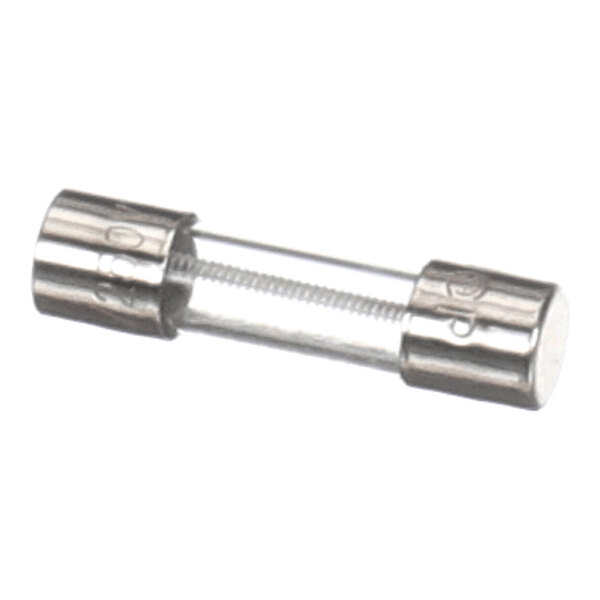 A cylindrical glass fuse with metal caps on both ends and a visible wire filament inside.