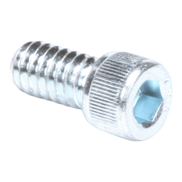 A close-up view of a metallic screw with a hexagonal socket head and threaded body.