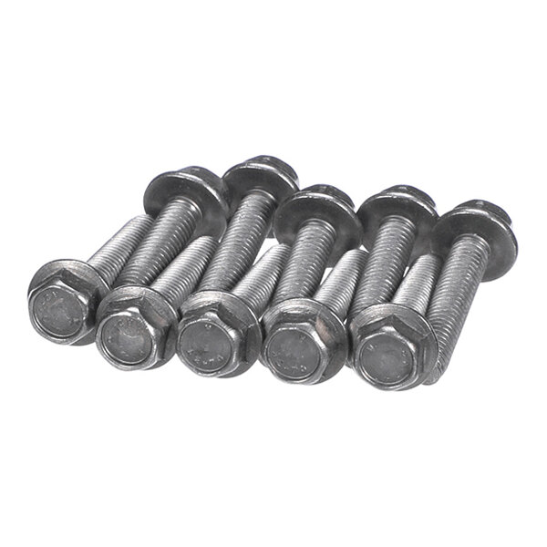 Six metallic hex-head screws with washers are arranged in a row on a white background.