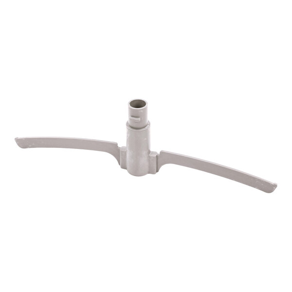 A gray plastic component with a central cylindrical hub and two curved arms extending outward.