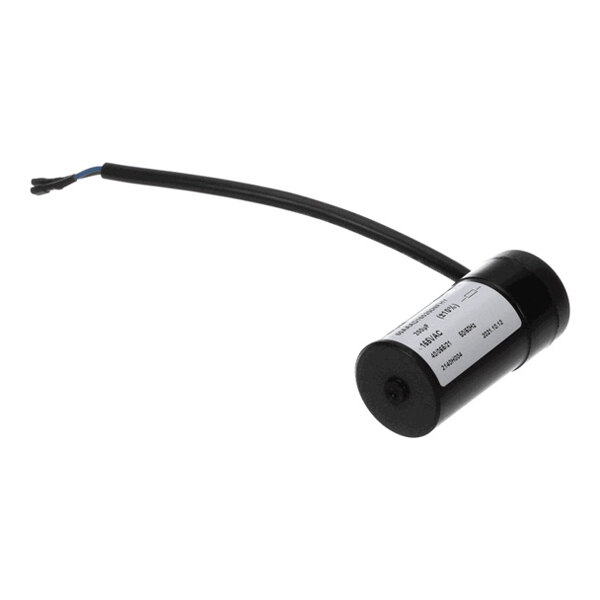A cylindrical black component with a label and two attached wires, likely an electrical capacitor.