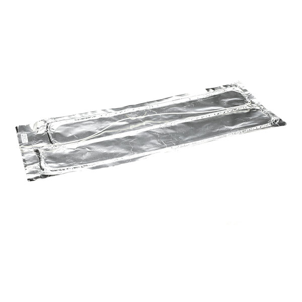 A rectangular, silver, metallic-looking blanket or pad with sealed edges, lying flat on a white background.
