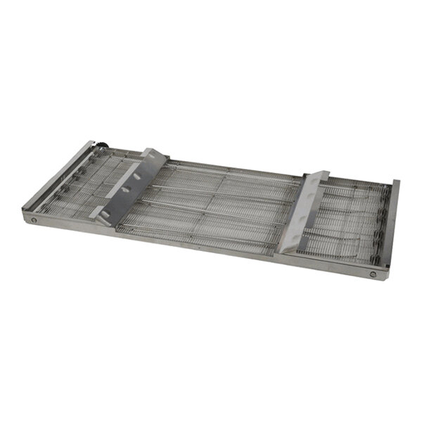 A rectangular metal wire conveyor belt with side brackets and a frame, viewed from an angle.
