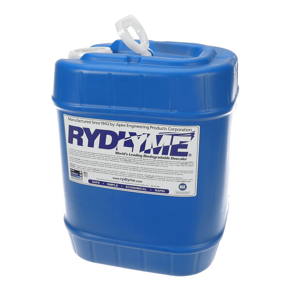 A blue plastic jug with a white label marked 'RYDLYME' and a handle on top.