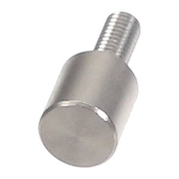 A metallic cylindrical component with a threaded end and a smooth, flat circular face.