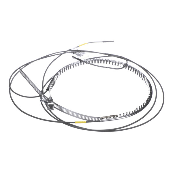 A coiled metal band with attached wires, likely part of an electrical or mechanical assembly.