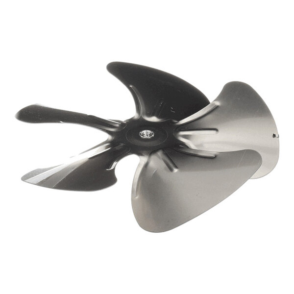 A five-blade metallic fan blade with a central mounting hole, viewed at an angle against a white background.