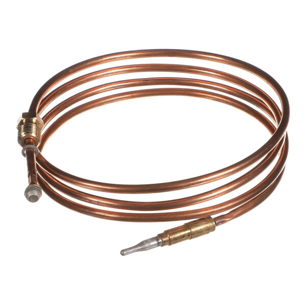 A coiled copper tube with metal fittings on both ends, likely used as a thermocouple component.
