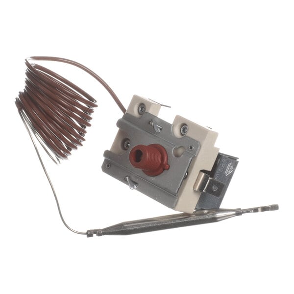 A metal and plastic component with a coiled copper tube and a probe attached, likely part of a temperature control or safety device.