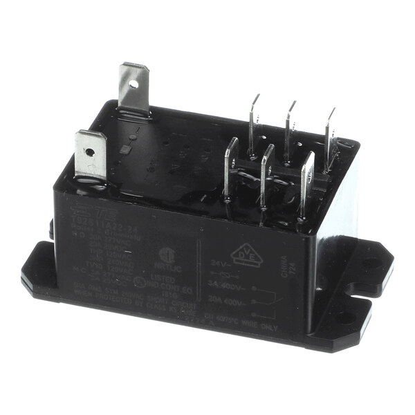 A black rectangular electrical relay with multiple metal prongs and mounting flanges on each side.