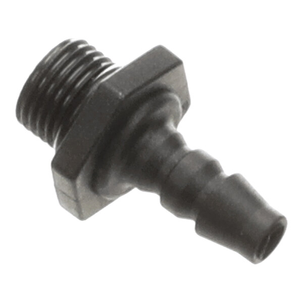 A small black plastic or rubber fitting with a threaded end and a barbed hose connector.