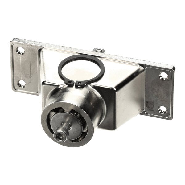 A metallic door closing assembly with a cylindrical mechanism and mounting plate featuring four screw holes.