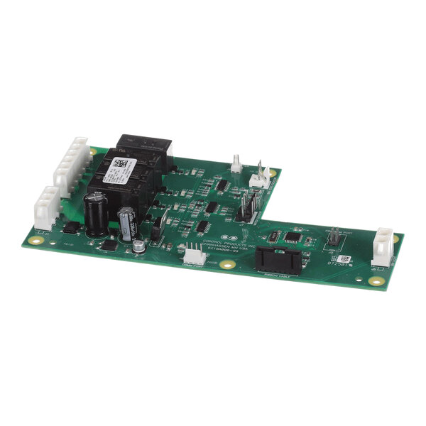 A green printed circuit board with various electronic components, connectors, and relays mounted on it.