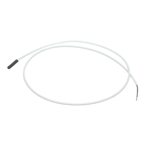 A white cable with a black-tipped sensor on one end and exposed wires on the other end, coiled in a loop.