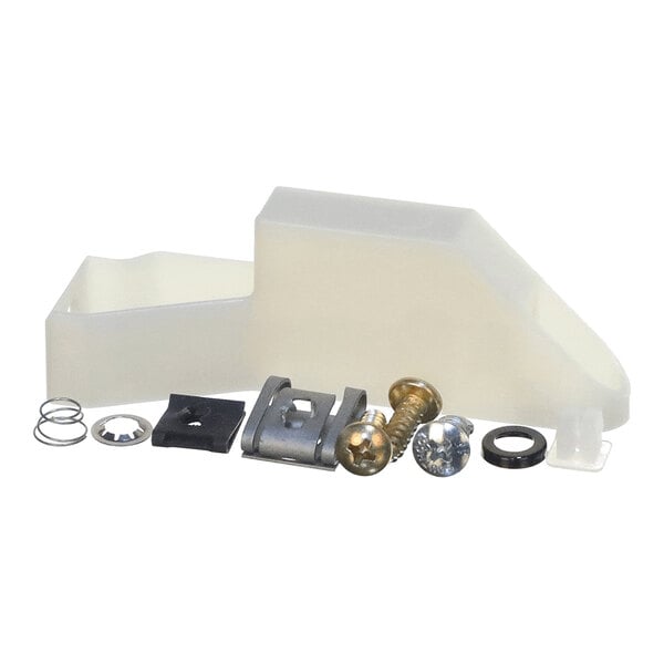 A collection of various small hardware components, including screws, springs, washers, and a white plastic bracket, arranged on a white background.