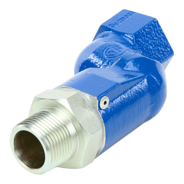 A blue metal swivel connector with a threaded end and hexagonal nut, designed for gas line connections.